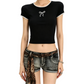 REINAREA | Women Lace Trim Crew Neck Crop T-Shirt | Bow Embroidery Slim Fitted Y2K Short Sleeve Top