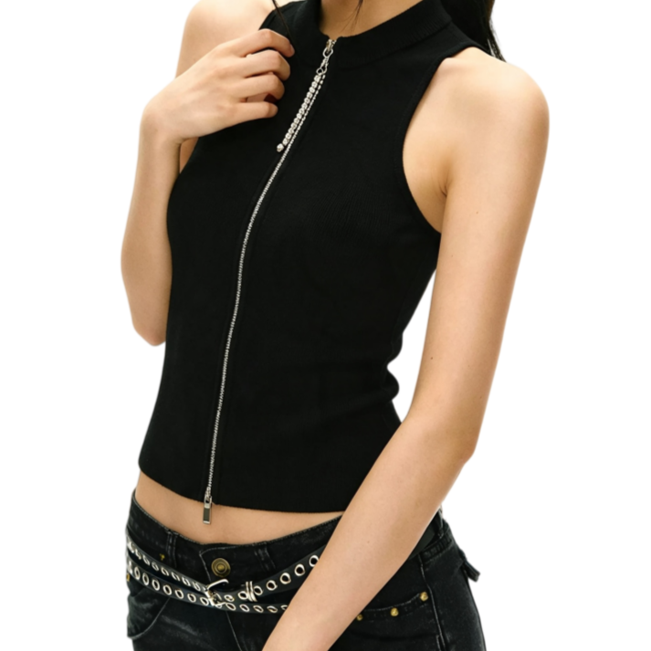 REINAREA | Women Mock Neck Full Zip Sleeveless Knit Tank Top | Rhinestone Chain Detail Slim Fit Cropped Black Top | Y2K Streetwear Casual Vest