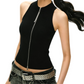 REINAREA | Women Mock Neck Full Zip Sleeveless Knit Tank Top | Rhinestone Chain Detail Slim Fit Cropped Black Top | Y2K Streetwear Casual Vest