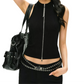 REINAREA | Women Mock Neck Full Zip Sleeveless Knit Tank Top | Rhinestone Chain Detail Slim Fit Cropped Black Top | Y2K Streetwear Casual Vest