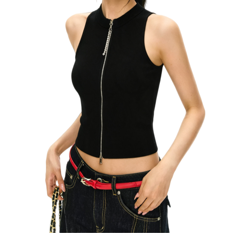 REINAREA | Women Mock Neck Full Zip Sleeveless Knit Tank Top | Rhinestone Chain Detail Slim Fit Cropped Black Top | Y2K Streetwear Casual Vest