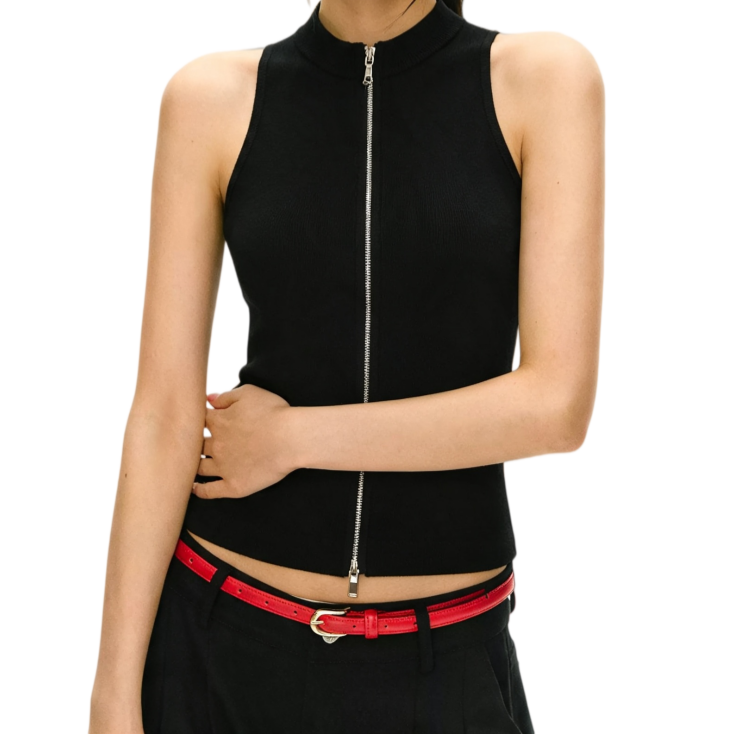 REINAREA | Women Mock Neck Full Zip Sleeveless Knit Tank Top | Rhinestone Chain Detail Slim Fit Cropped Black Top | Y2K Streetwear Casual Vest