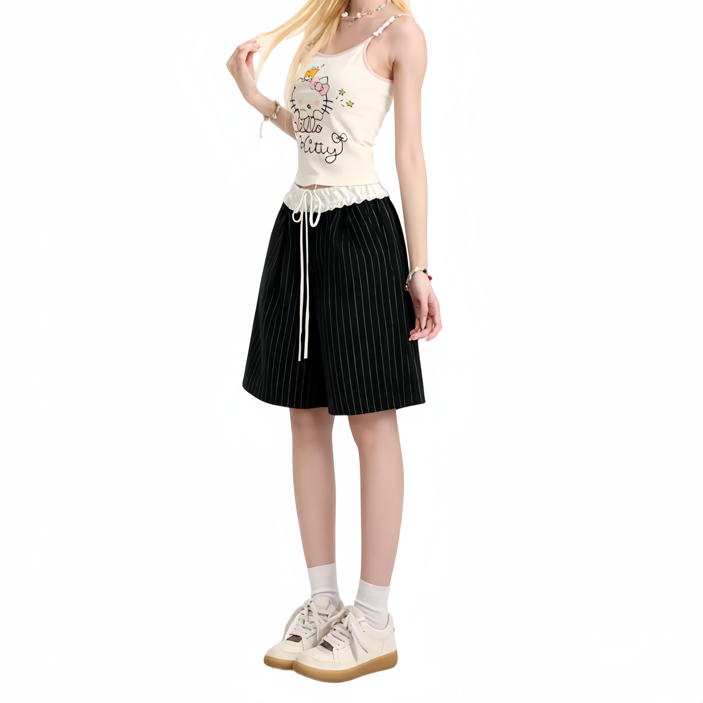 REINAREA | Women's Vintage Striped Wide-Leg Suit Shorts | High Waist Straight Leg 2026 Summer Casual Pants
