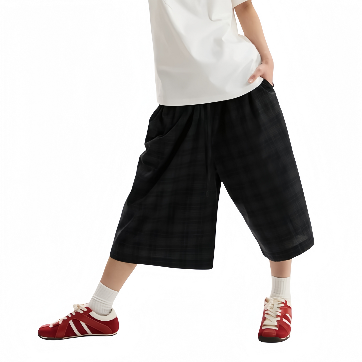 REINAREA | Vintage Green Plaid Wide Leg 7/8 Pants | Elastic Waist Loose Casual Culottes