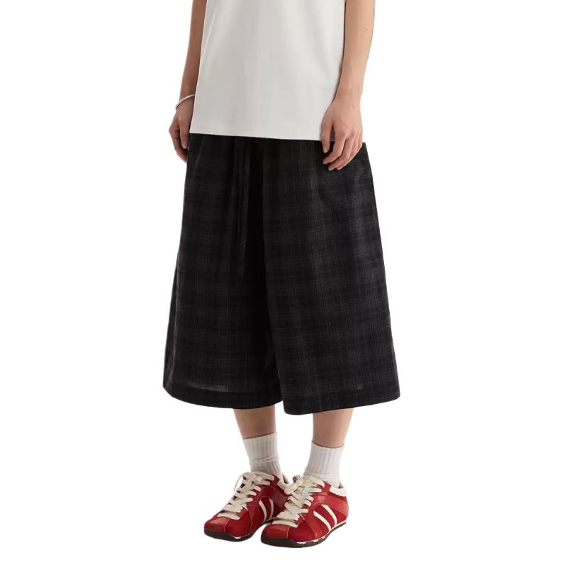 REINAREA | Vintage Green Plaid Wide Leg 7/8 Pants | Elastic Waist Loose Casual Culottes