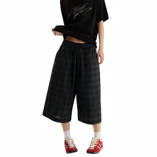 REINAREA | Vintage Green Plaid Wide Leg 7/8 Pants | Elastic Waist Loose Casual Culottes