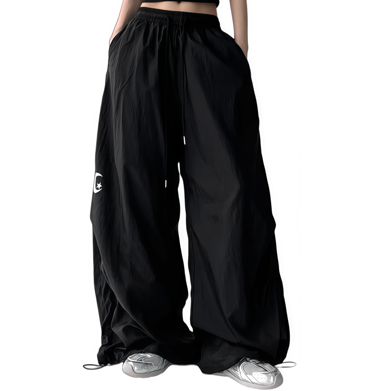 REINAREA | Y2K Sheer Wide Leg Cargo Pants | High Waist Drawstring Moon Star Print Pants | 2026 Summer Casual Trousers