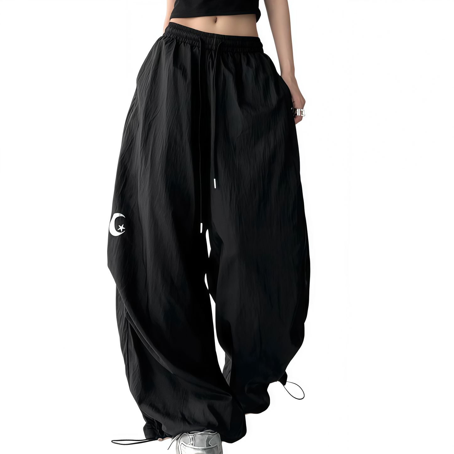 REINAREA | Y2K Sheer Wide Leg Cargo Pants | High Waist Drawstring Moon Star Print Pants | 2026 Summer Casual Trousers