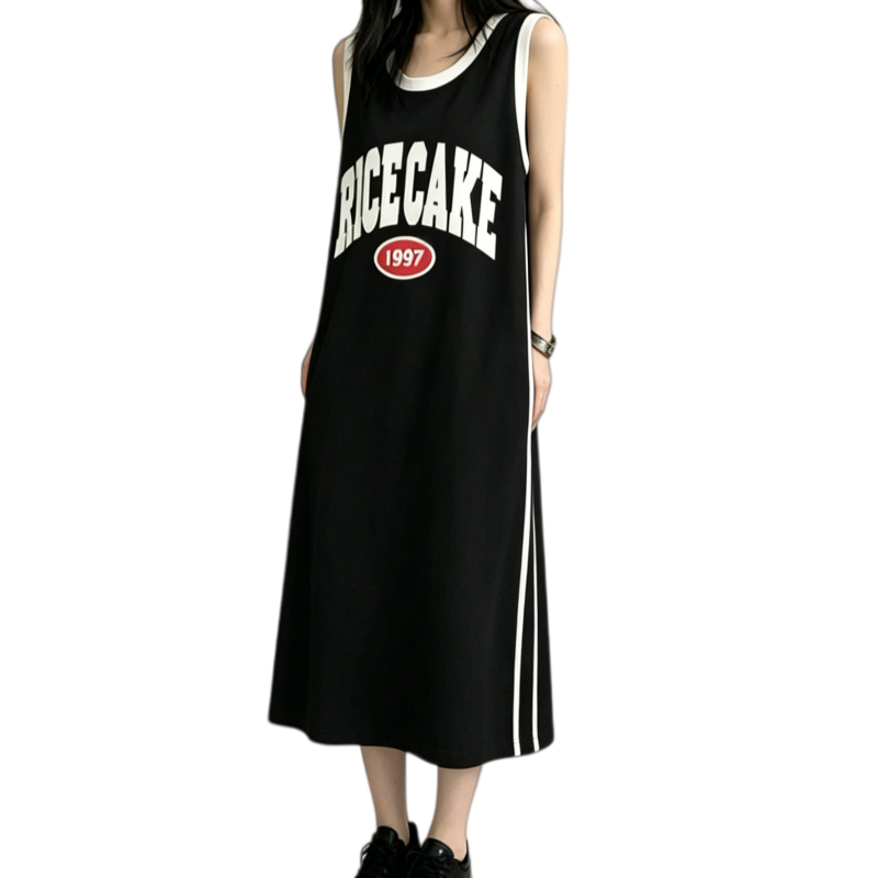 REINAREA | Vintage Basketball Jersey Maxi Dress | Oversized Sleeveless Tank Dress with Pockets | 1997 Retro Casual Summer Dress
