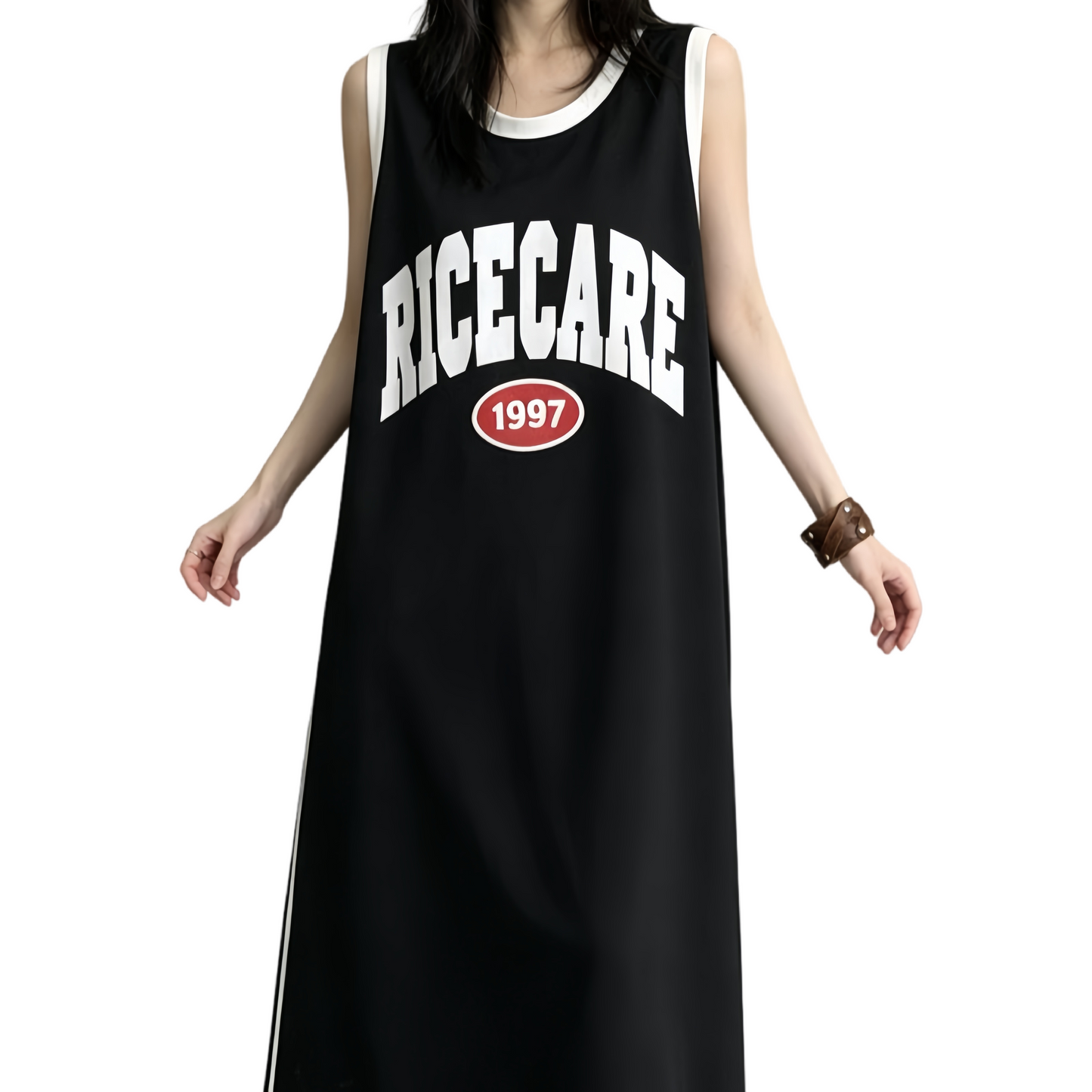 REINAREA | Vintage Basketball Jersey Maxi Dress | Oversized Sleeveless Tank Dress with Pockets | 1997 Retro Casual Summer Dress