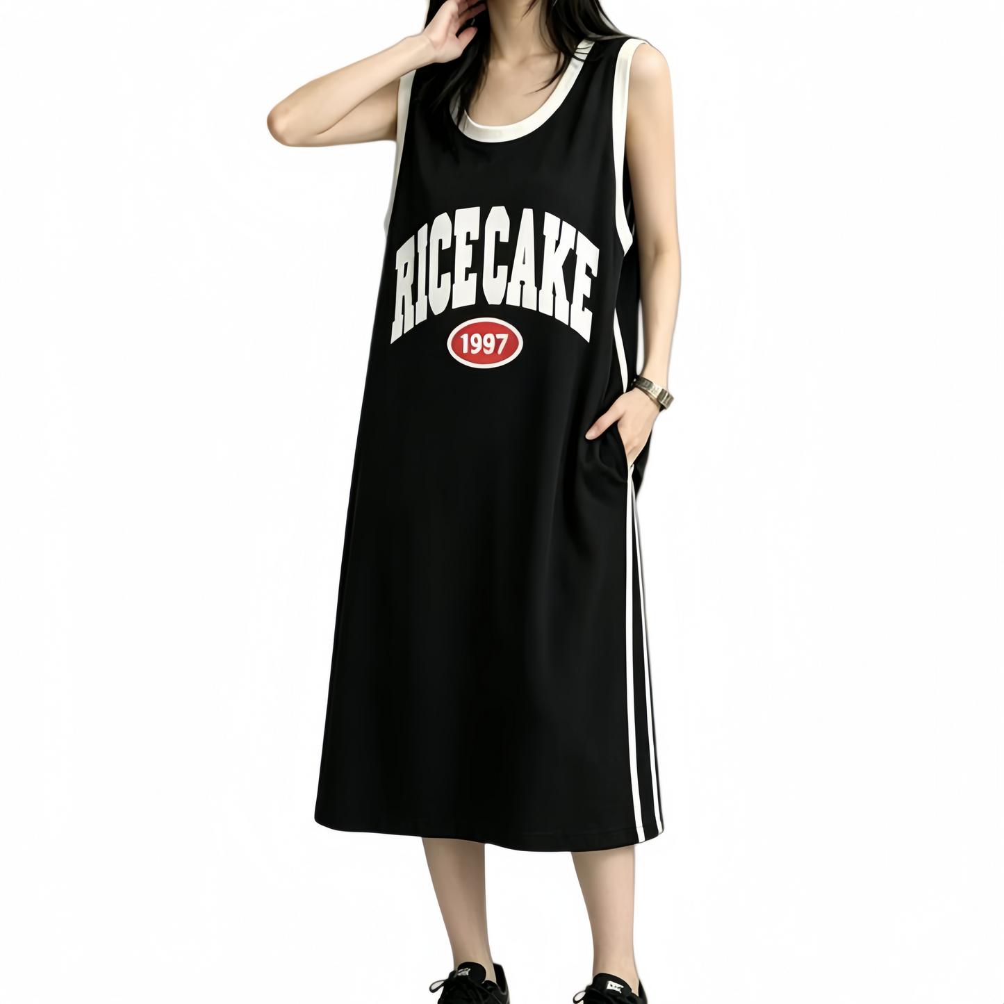 REINAREA | Vintage Basketball Jersey Maxi Dress | Oversized Sleeveless Tank Dress with Pockets | 1997 Retro Casual Summer Dress
