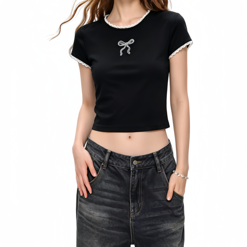 REINAREA | Women Lace Trim Crew Neck Crop T-Shirt | Bow Embroidery Slim Fitted Y2K Short Sleeve Top