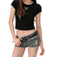 REINAREA | Women Lace Trim Crew Neck Crop T-Shirt | Bow Embroidery Slim Fitted Y2K Short Sleeve Top