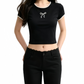 REINAREA | Women Lace Trim Crew Neck Crop T-Shirt | Bow Embroidery Slim Fitted Y2K Short Sleeve Top