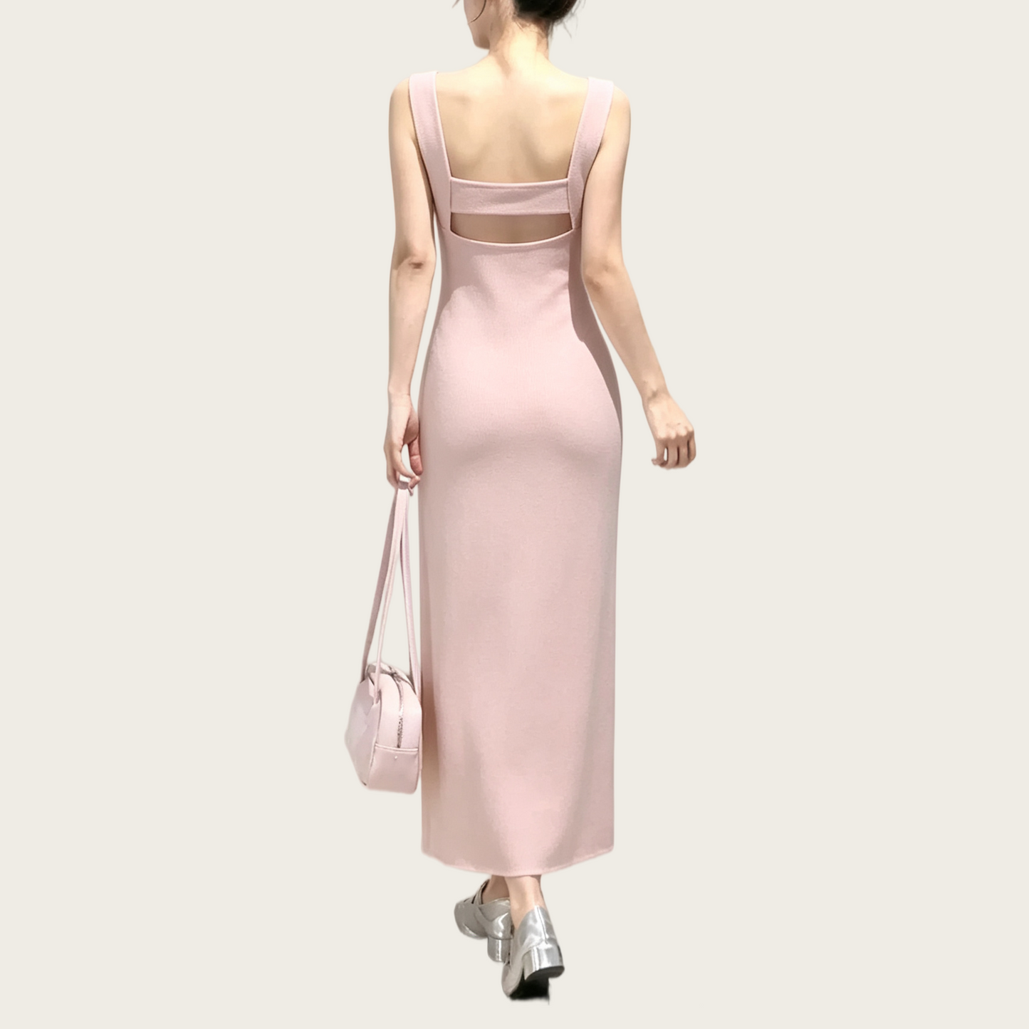 REINAREA | Women Square Neck Back Cutout Midi Knit Dress | French Pink Sleeveless Slim Bodycon Slip Dress