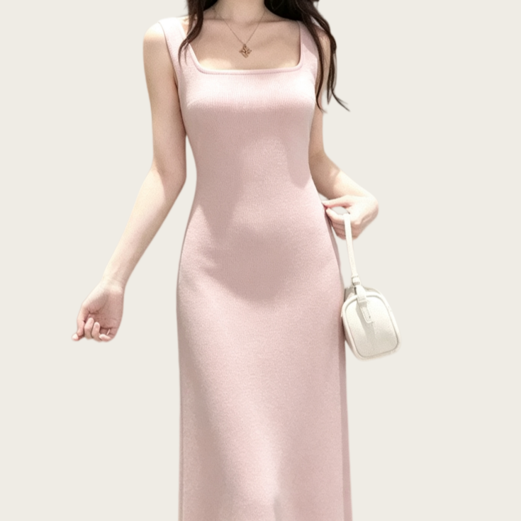 REINAREA | Women Square Neck Back Cutout Midi Knit Dress | French Pink Sleeveless Slim Bodycon Slip Dress