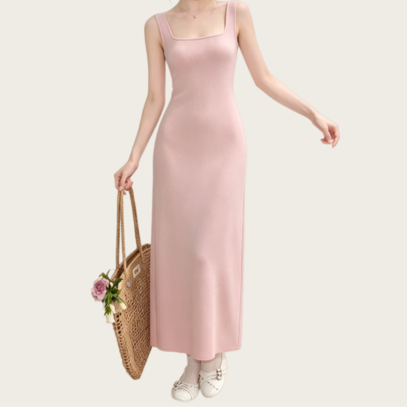 REINAREA | Women Square Neck Back Cutout Midi Knit Dress | French Pink Sleeveless Slim Bodycon Slip Dress