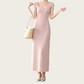 REINAREA | Women Square Neck Back Cutout Midi Knit Dress | French Pink Sleeveless Slim Bodycon Slip Dress