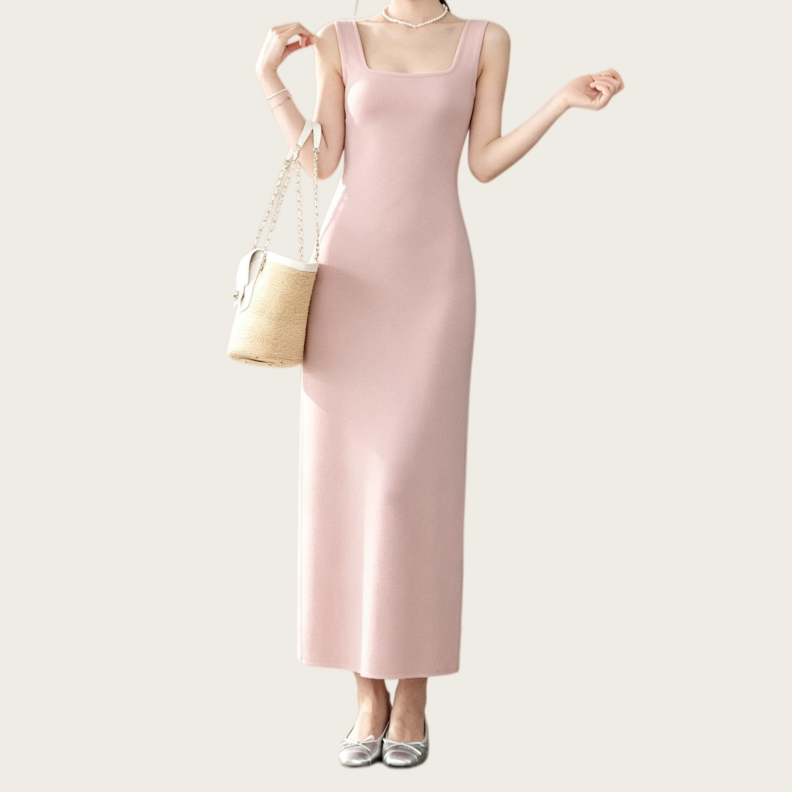 REINAREA | Women Square Neck Back Cutout Midi Knit Dress | French Pink Sleeveless Slim Bodycon Slip Dress