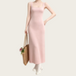 REINAREA | Women Square Neck Back Cutout Midi Knit Dress | French Pink Sleeveless Slim Bodycon Slip Dress