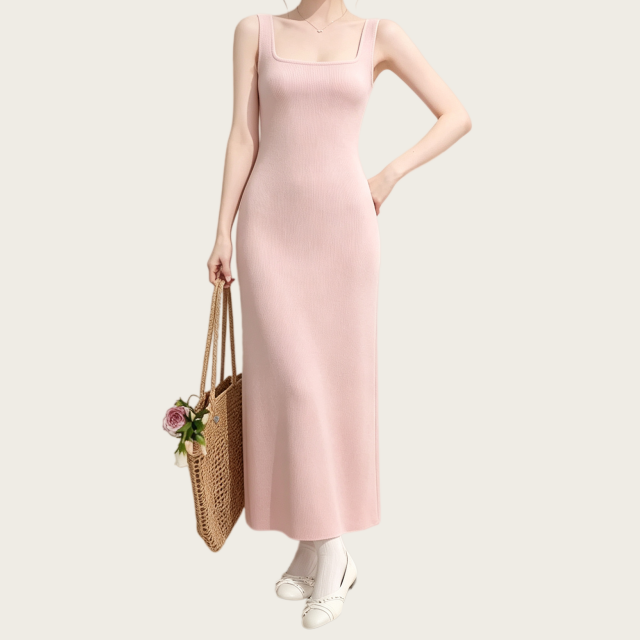 REINAREA | Women Square Neck Back Cutout Midi Knit Dress | French Pink Sleeveless Slim Bodycon Slip Dress