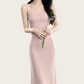 REINAREA | Women Square Neck Back Cutout Midi Knit Dress | French Pink Sleeveless Slim Bodycon Slip Dress