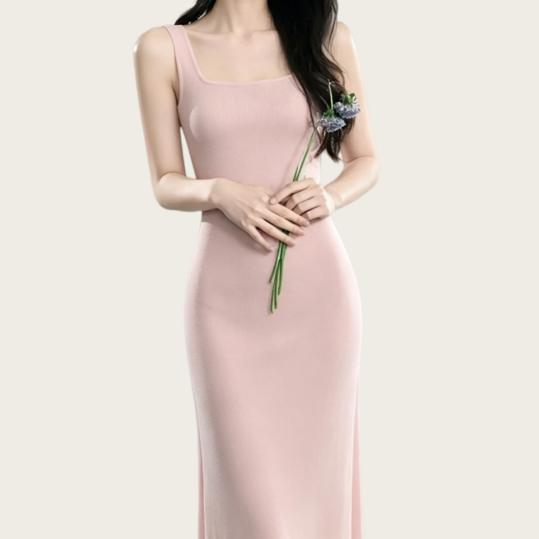 REINAREA | Women Square Neck Back Cutout Midi Knit Dress | French Pink Sleeveless Slim Bodycon Slip Dress