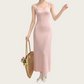 REINAREA | Women Square Neck Back Cutout Midi Knit Dress | French Pink Sleeveless Slim Bodycon Slip Dress