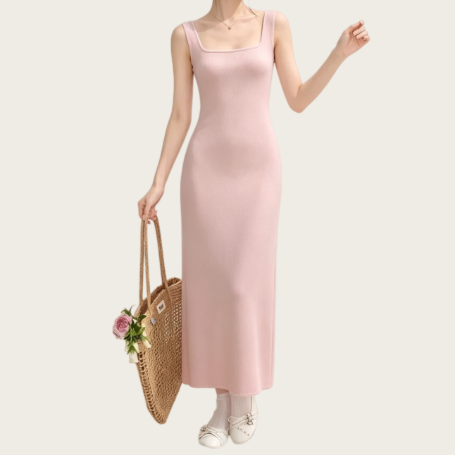 REINAREA | Women Square Neck Back Cutout Midi Knit Dress | French Pink Sleeveless Slim Bodycon Slip Dress