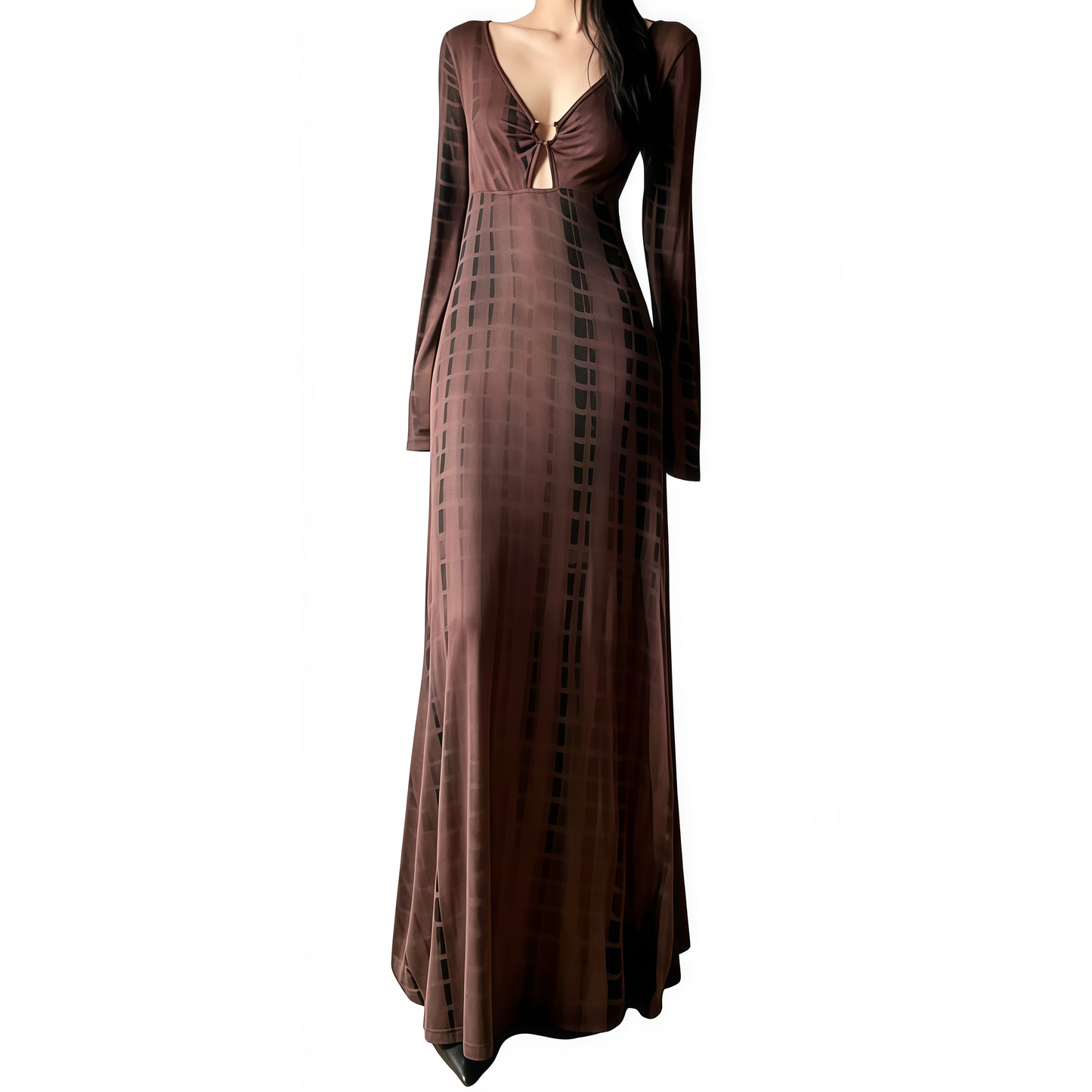 REINAREA | Vintage Tie Dye Deep V Neck Maxi Dress | Long Sleeve Slimming A Line Dress | Sexy Waist Cinched Evening Gown 2026
