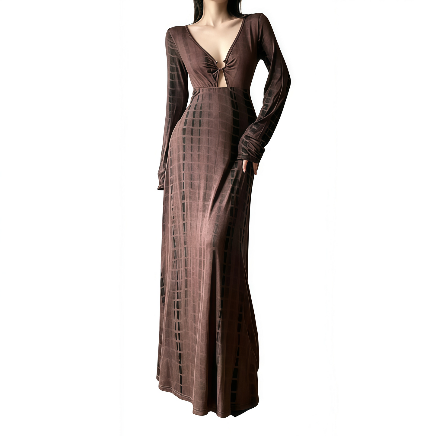 REINAREA | Vintage Tie Dye Deep V Neck Maxi Dress | Long Sleeve Slimming A Line Dress | Sexy Waist Cinched Evening Gown 2026