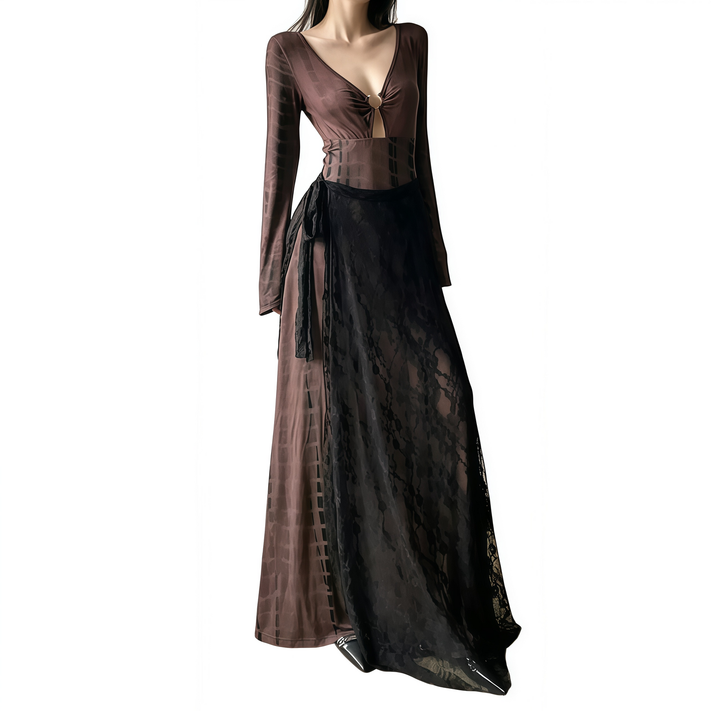 REINAREA | Vintage Tie Dye Deep V Neck Maxi Dress | Long Sleeve Slimming A Line Dress | Sexy Waist Cinched Evening Gown 2026