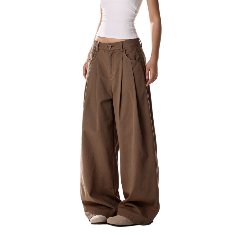 REINAREA | Fall 2026 New Arrival Women's Vintage Brown Wide Leg Cargo Pants | High Waisted Pleated Barrel Leg Relaxed Fit Casual Trousers for Streetwear Daily Wear