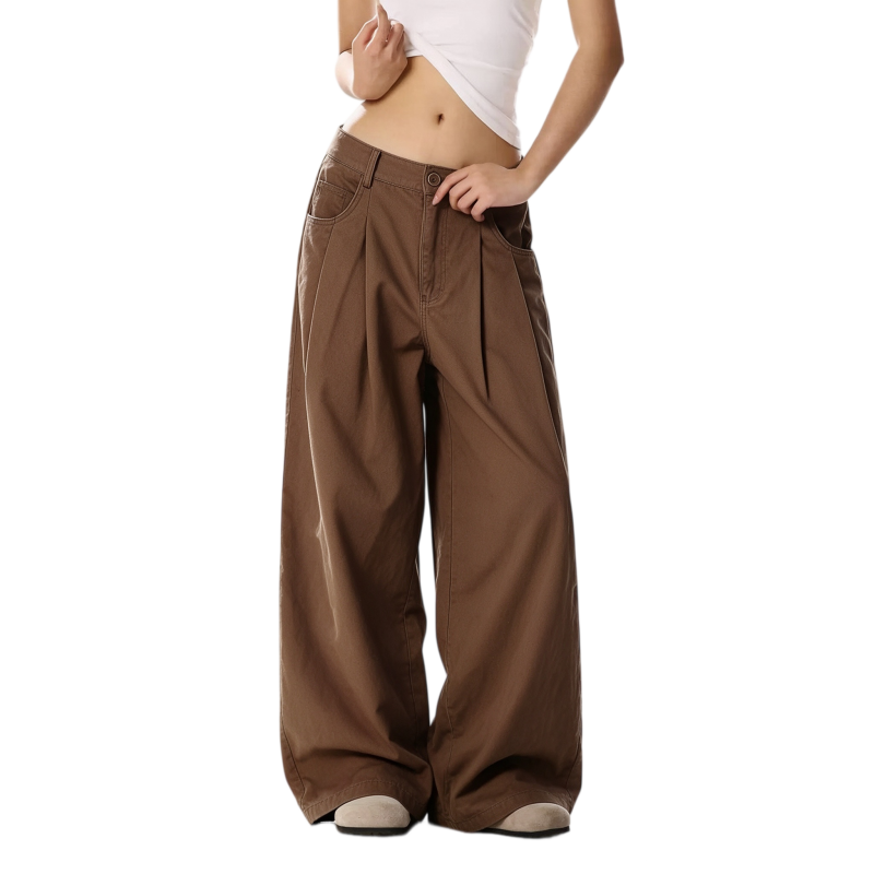 REINAREA | Fall 2026 New Arrival Women's Vintage Brown Wide Leg Cargo Pants | High Waisted Pleated Barrel Leg Relaxed Fit Casual Trousers for Streetwear Daily Wear