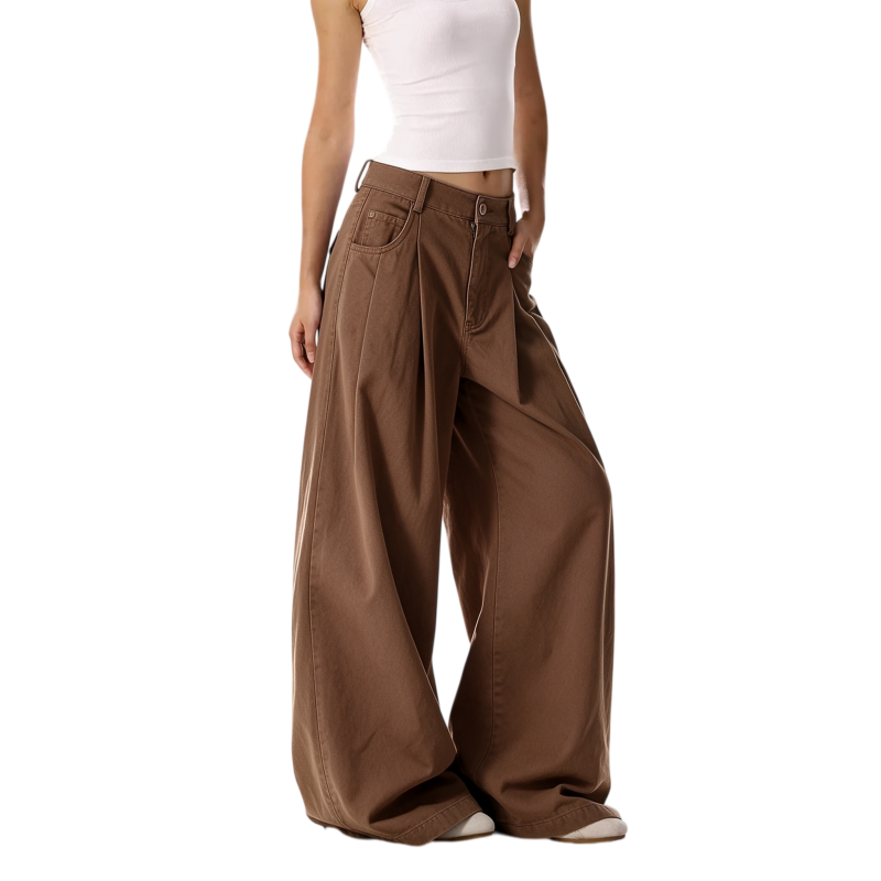 REINAREA | Fall 2026 New Arrival Women's Vintage Brown Wide Leg Cargo Pants | High Waisted Pleated Barrel Leg Relaxed Fit Casual Trousers for Streetwear Daily Wear