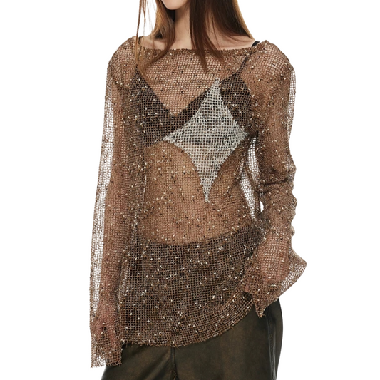 REINAREA | Brown Star Sequin Mesh Top | Sheer Long Sleeve Loose T-Shirt | Distressed Grunge Gothic Cover Up
