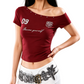 REINAREA |Women Y2K Asymmetric Off Shoulder T-Shirt | Vintage Letter Print Rivet Slim Crop Short Sleeve Top