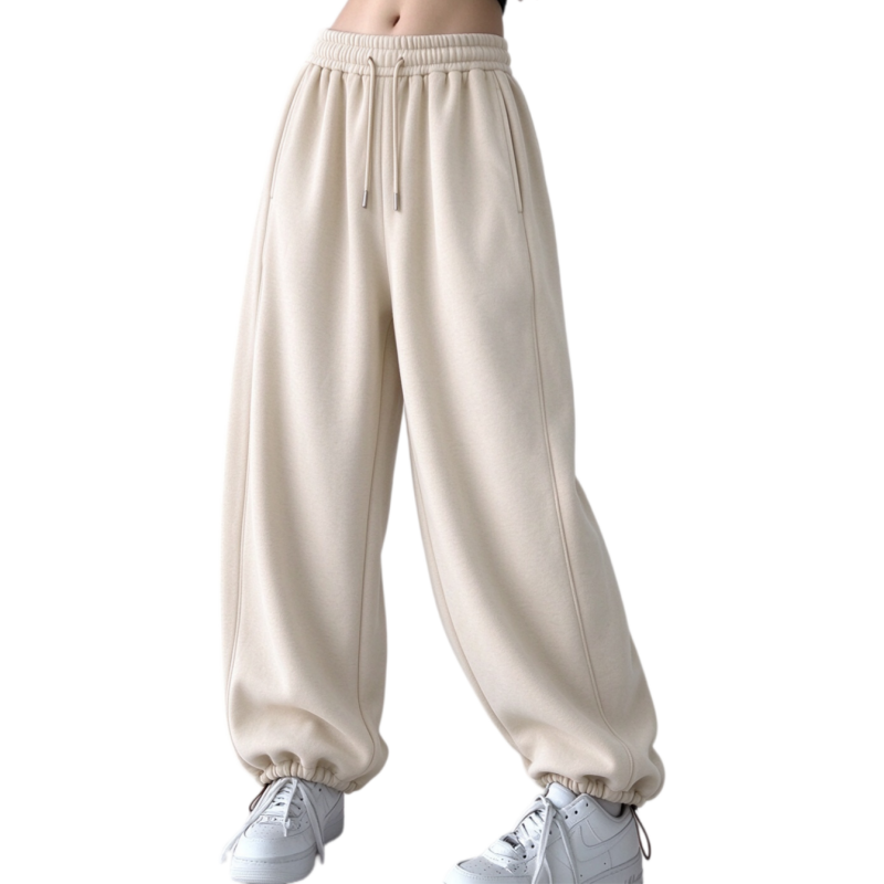 Women's thermal fleece wide leg sweatpants in cream apricot with drawstring elastic waist and convertible cuffs
