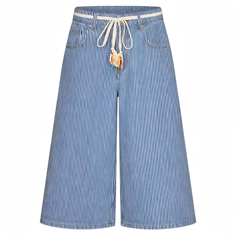 REINAREA | Women Striped Wide Leg Capri Jeans | Drawstring Bead Tassel Waist Loose Cropped Denim Culottes