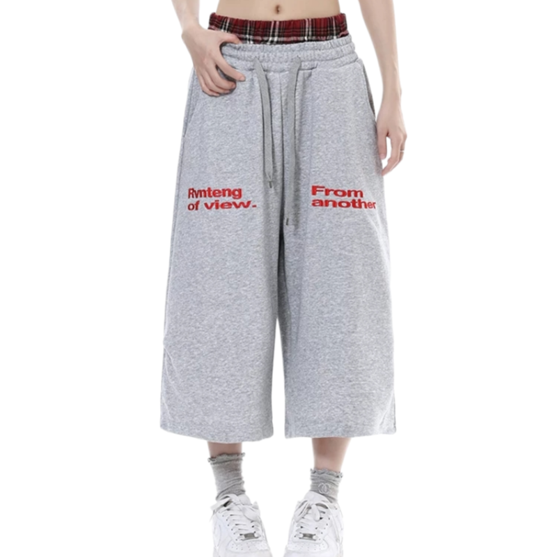 REINAREA | American Street Style Plaid Patchwork Sweat Shorts | Women's Baggy Wide Leg 7/8 Pants