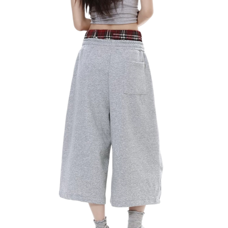 REINAREA | American Street Style Plaid Patchwork Sweat Shorts | Women's Baggy Wide Leg 7/8 Pants