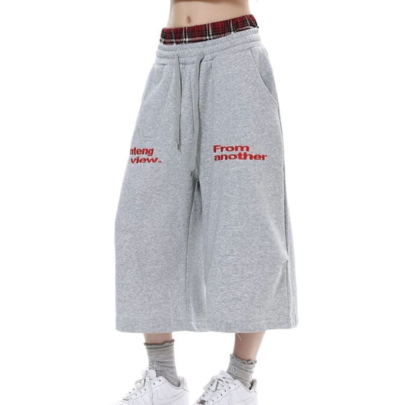 REINAREA | American Street Style Plaid Patchwork Sweat Shorts | Women's Baggy Wide Leg 7/8 Pants