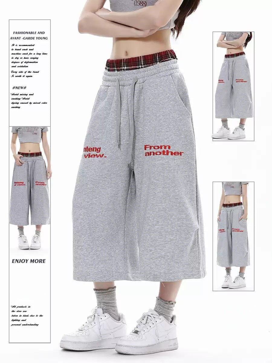REINAREA | American Street Style Plaid Patchwork Sweat Shorts | Women's Baggy Wide Leg 7/8 Pants