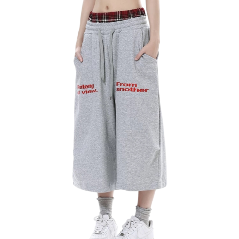 REINAREA | American Street Style Plaid Patchwork Sweat Shorts | Women's Baggy Wide Leg 7/8 Pants