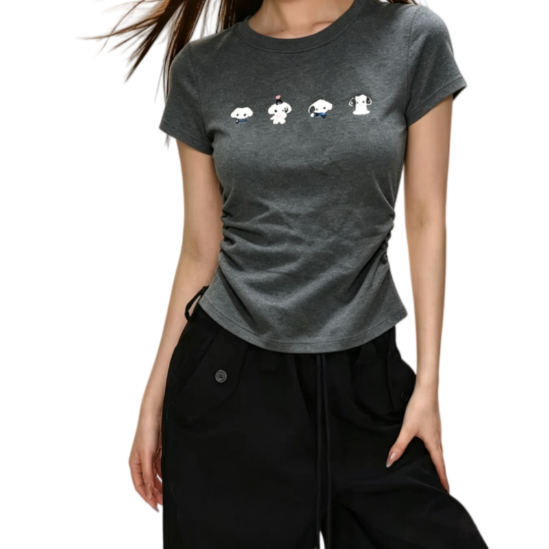 REINAREA | Women Side Ruched Crop T-Shirt | Cute Cartoon Puppy Print Slim Fit Short Sleeve Crew Neck Top