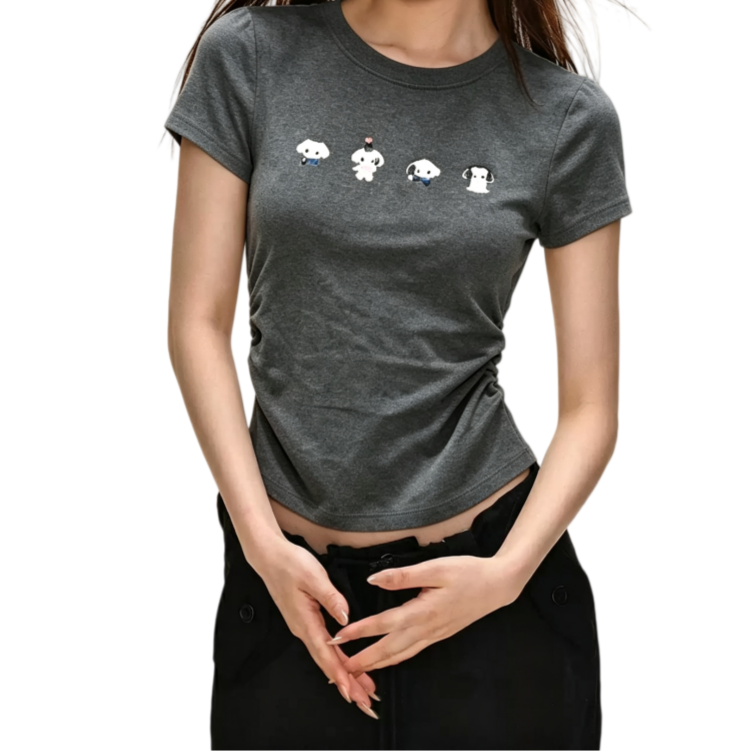 REINAREA | Women Side Ruched Crop T-Shirt | Cute Cartoon Puppy Print Slim Fit Short Sleeve Crew Neck Top