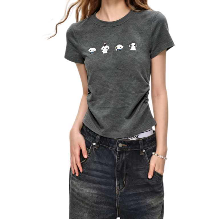 REINAREA | Women Side Ruched Crop T-Shirt | Cute Cartoon Puppy Print Slim Fit Short Sleeve Crew Neck Top