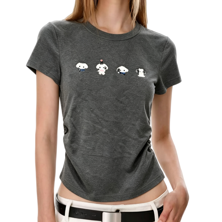 REINAREA | Women Side Ruched Crop T-Shirt | Cute Cartoon Puppy Print Slim Fit Short Sleeve Crew Neck Top