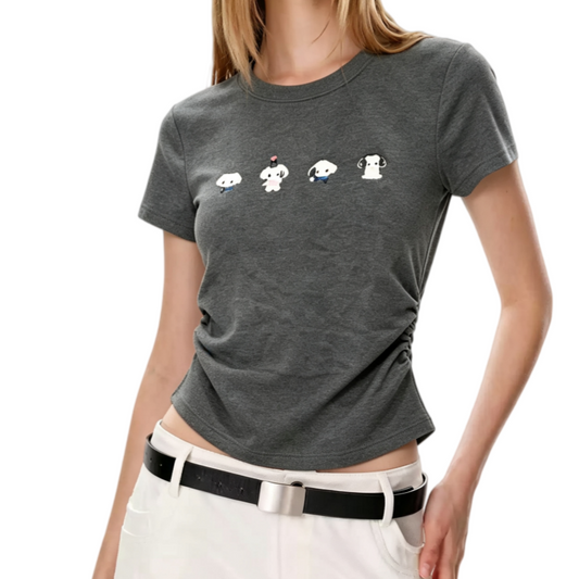 REINAREA | Women Side Ruched Crop T-Shirt | Cute Cartoon Puppy Print Slim Fit Short Sleeve Crew Neck Top
