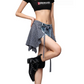 REINAREA | Women Plaid Skirt‑Overlay Denim Shorts | Y2K Raw Hem Tie‑Up Asymmetrical Jean Shorts